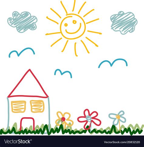 Kids Drawing Of Sunny Day House Royalty Free Vector Image