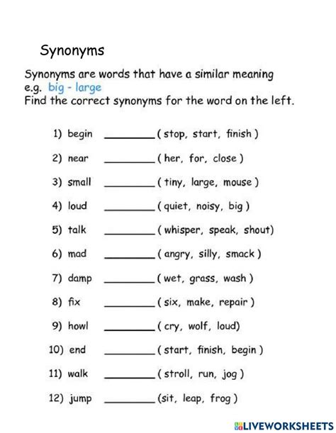 Ejercicio de Synonyms para Grade 1