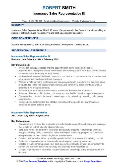 Insurance Sales Representative Resume Samples | QwikResume