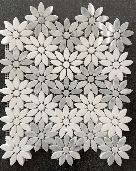 Flower and daisy marble mosaic designs. DAISY THASOS AND CALACATTA MOSAIC | Luscombe Tiles