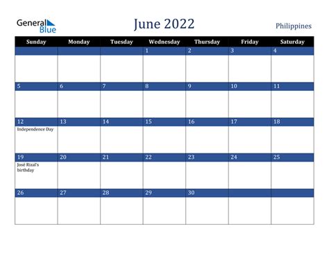 Philippines June 2022 Calendar With Holidays