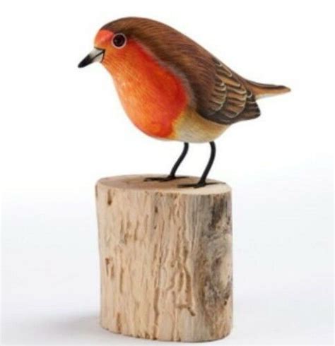 Robin Hand Carved Painted Bird On Wood Log