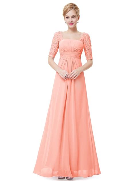 Elegant Peach Long Chiffon Bridesmaid Dresses With Lace Sleeves Peach