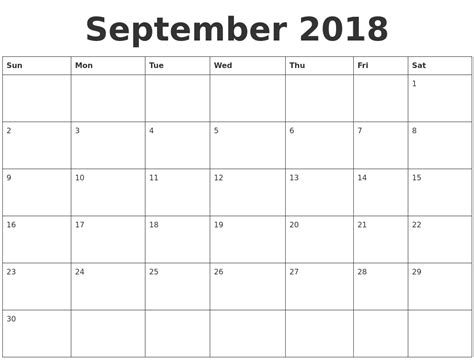 September 2018 Blank Calendar Template