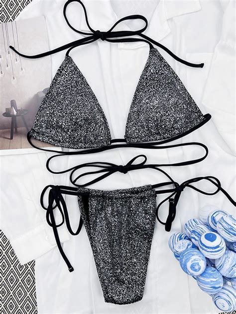 Emmiol Free Shipping Metallic Black Lace Up Bikini Set Black L In