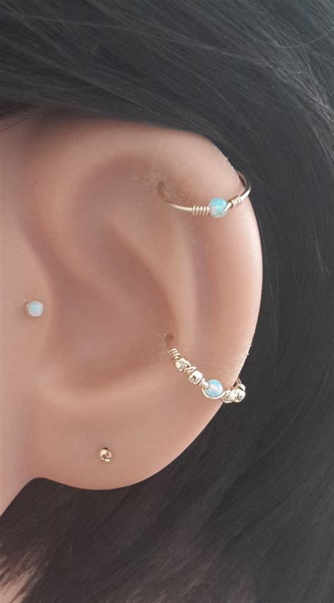Light Blue Opal Mm Helix Earring Gold Beaded Cartilage Hoop Etsy