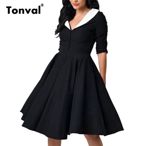 Tonval Bottons Elegant Rockabilly Dress Women Vintage Audrey Hepburn