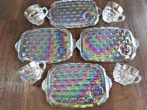 Glass Snack Vintage Set Of 4 Pairs Federal Glass Iridescent Yorktown Cups And Plates Total 8