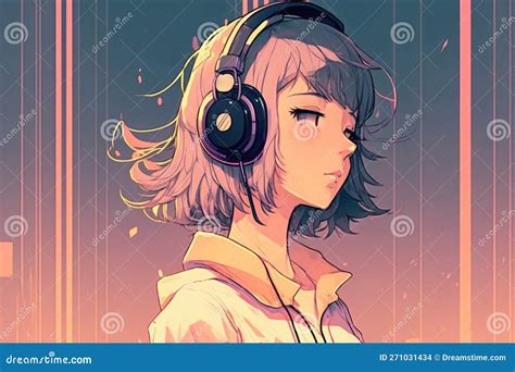Portrait Of A Young Girl In Headphones Listening To Music Anime Style
