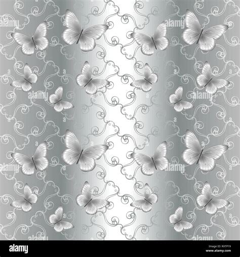 Silver Butterflies On A Gray Background With Ornament Stock Vector