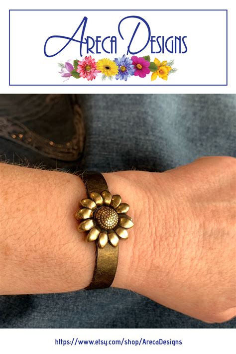 women s antique gold leather sunflower bracelet gold etsy in 2020 boho leather jewelry