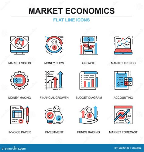 Flat Line Global Market Economics Icons Concepts Set For Website And