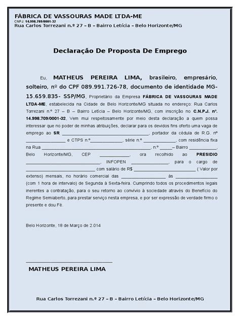 Modelo Declaração De Proposta De Emprego Presidiário Brasil Trabalho