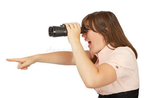 Business Woman Looking With Her Binocular And Pointing To The Co Stock