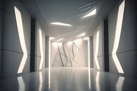 Futuristic White Hall With Glowing Lights And Shining Surfaces Stock