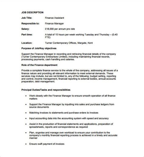 Classification descriptions are intended to present a descriptive list of the range of duties performed in the various positions within the classification and are not intended to be a job description for specific positions. Financial Assistant Job Description Template - 9+ Free ...