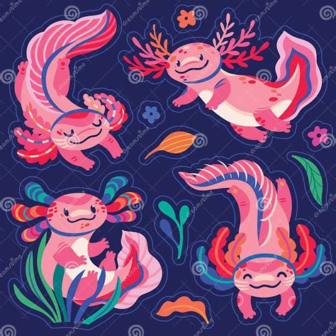 Sticker Set Of Four Cute Pink Cartoon Axolotls Amphibian Creatures Are