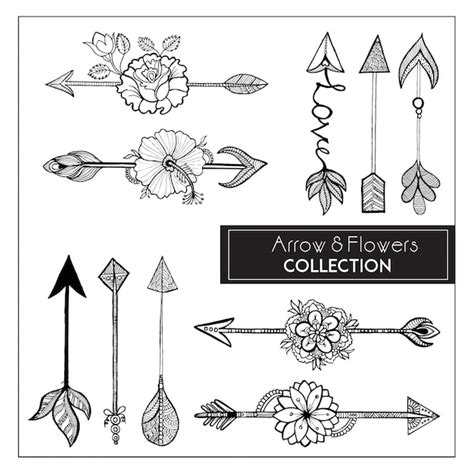 Hand Drawn Boho Style Arrows And Flowers Collection Premium Vector