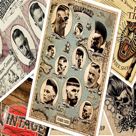 Retro Hairdresser Tattoos Patterned Kraft Paper Poster Barber Shop