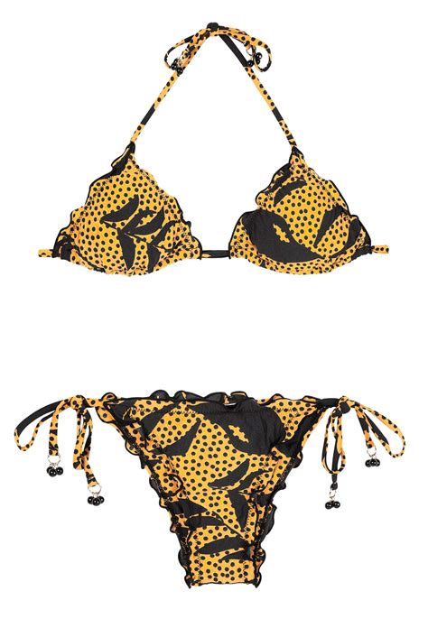 Yellow Triangle Bikini With Polka Dots And Leaves Scrunch Bottoms