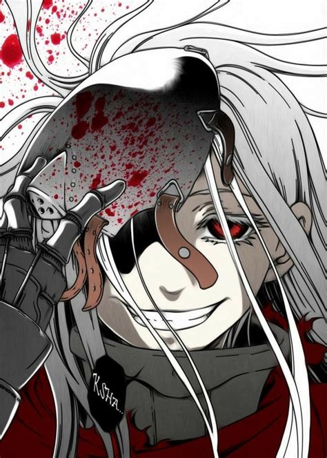 An Anime Character With Long White Hair And Red Eyes Holding A Knife In Her Hand