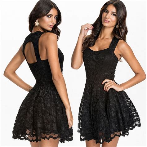 Fashion Summer Black Sleeveless Hollow Out Lace Peplum Party Skater