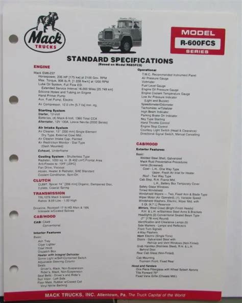 1985 Mack Trucks Model R 600fcs Diagrams Dimensions Sales Brochure