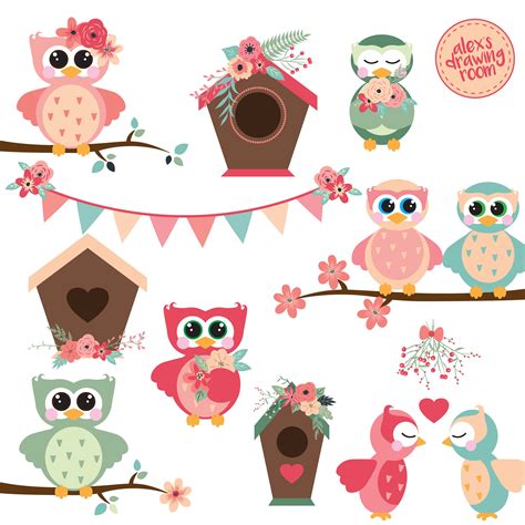 Spring owls clipart, floral clipart, wedding clipart ...