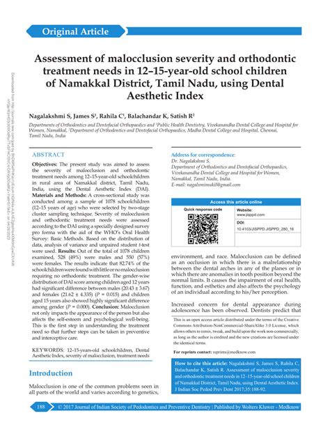 Pdf Assessment Of Malocclusion Severity And Orthodontic Treatment Needs In 12 15 Year Old