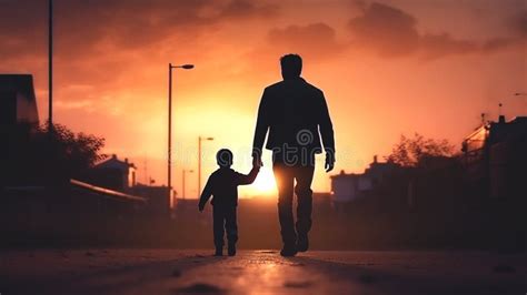 Silhouette Of Loving Father Walking Side By Side Holding Hands With