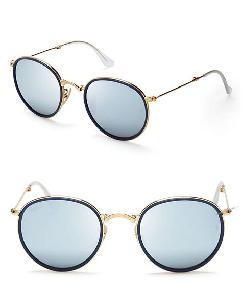 Ray Ban Foldable Round Mirrored Sunglasses In Gold For Men Gold Blue Mirror Lyst