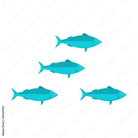 Blue Sardine Run Vector Illustration In Flat Design Cartoon Fish Shoal