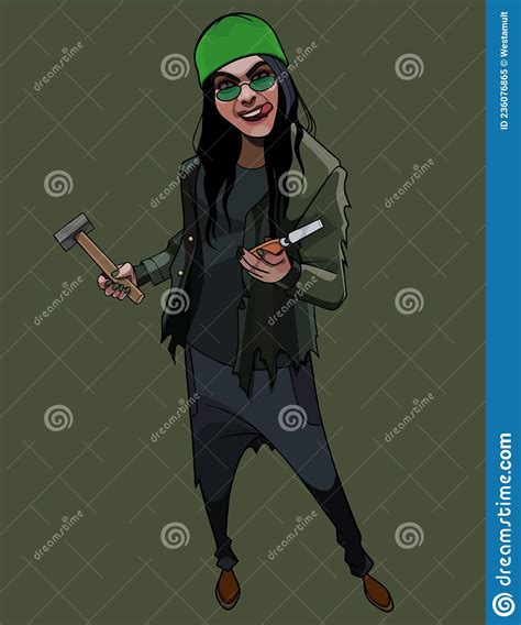 Cartoon Girl Fooling Around With A Hammer And Chisel In Her Hands Stock