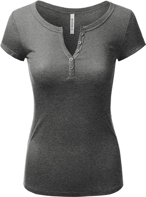 doublju short sleeve deep v neck henley t shirt for women charcoal large clothing