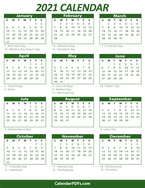 2021 Printable Yearly Holiday Emerald Calendar Pdf On One Page