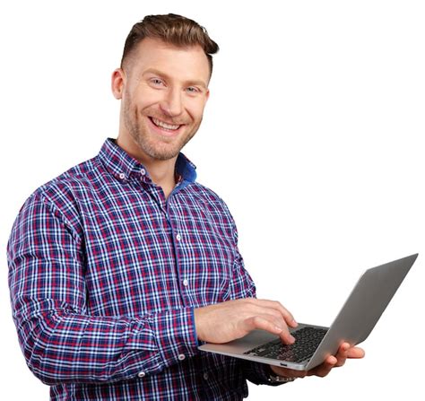 Premium Photo Young Man Standing Holding Laptop Computer Working
