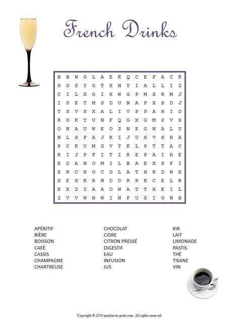 Free Printable French Drinks Word Search Learning French For Kids