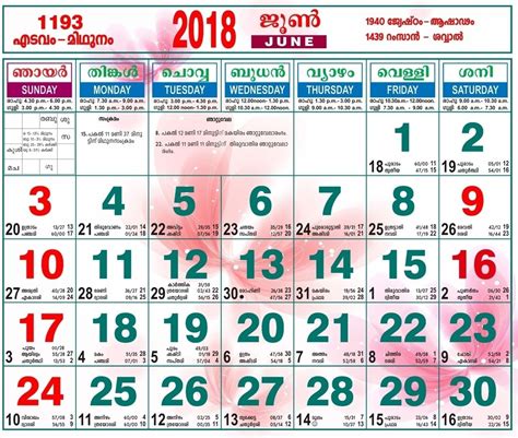Calendar July 2019 Malayalam Calnda