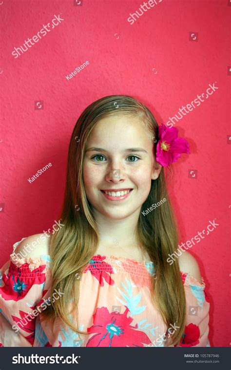 A Beautiful Blond Haired 13 Years Old Girl Portrait Stock Photo