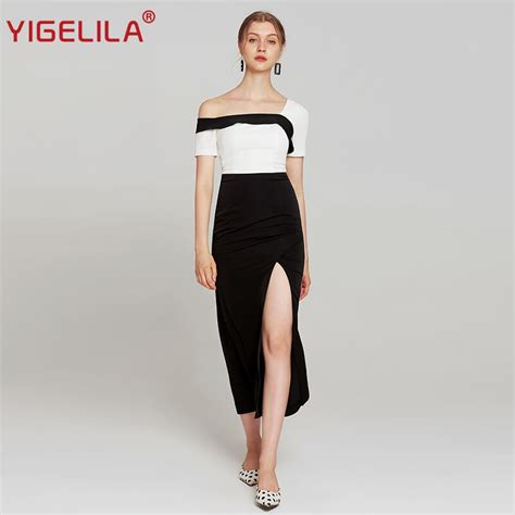Yigelila Summer Women Bodycon Party Long Dress Fashion Slash Neck One