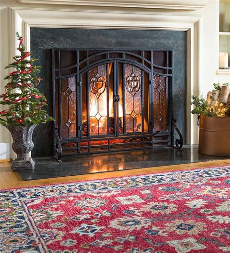 Two Door Fireplace Screen With Glass Floral Panels In 2020 Fireplace