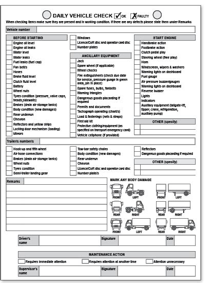Vehicles normally fitted with permanent bodies, and which have had them removed fall outside the classification of a goods vehicle and should not be accepted for test. hgv inspection sheet template | Ejebo