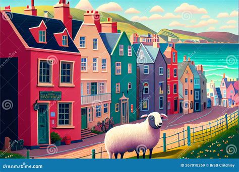 Coloful Seaside Town With Sheep Fun Happy Illustration Royalty Free