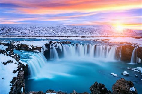 Free Photo Godafoss Waterfall At Sunset In Winter Iceland