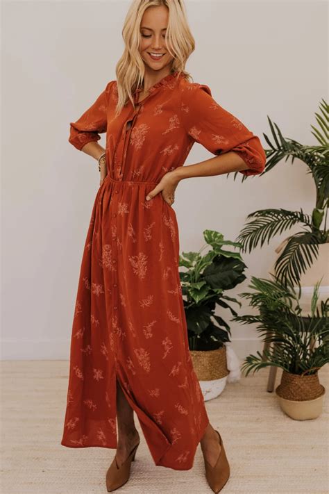 Shawna Botanical Dress Rust Color Dress Modest Fall Dresses Clothes