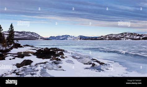 Hi Res Panorama Landscape Of Icy Winter Day At Frozen Lake Laberge