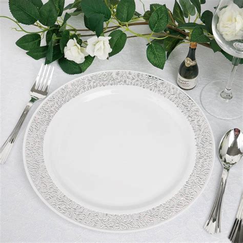 10 Pack 10 White Round Disposable Plastic Dinner Plates With Silver