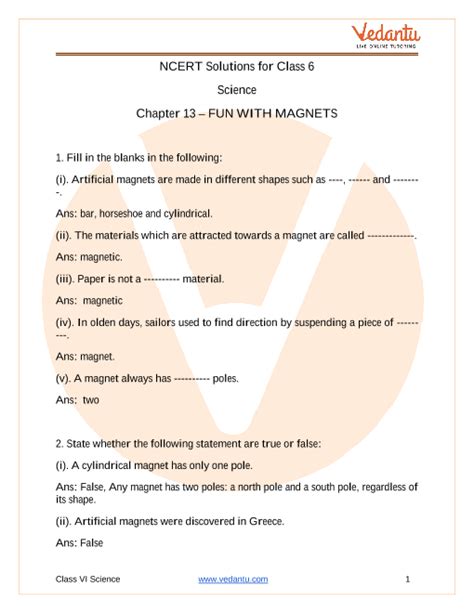 Ncert Solutions For Class 6 Science Chapter 13 Fun With Magnets Free Pdf