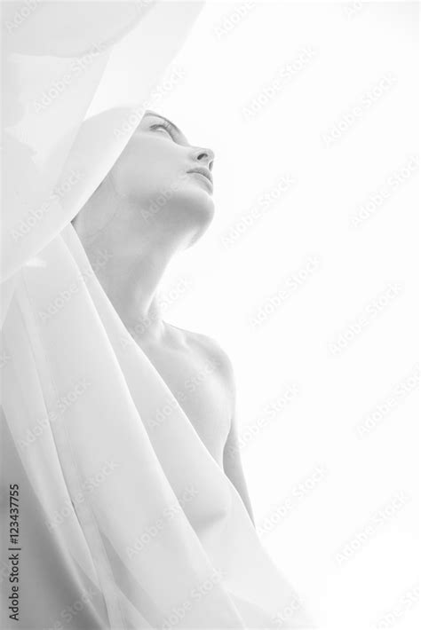 Naked Sensual Woman With Veil On White Background Monochrome Stock