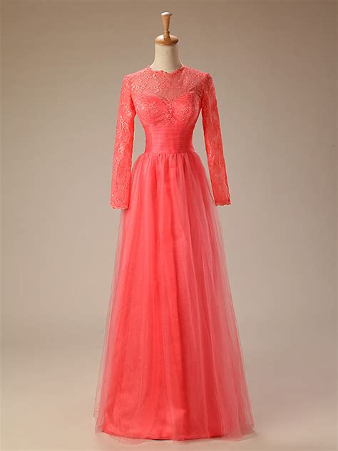 Coral Red Long Sleeves Lace Formal Prom Evening Dress Jojo Shop